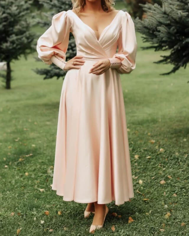 A-line V Neck Backless Long Sleeve Satin Evening Prom Dress