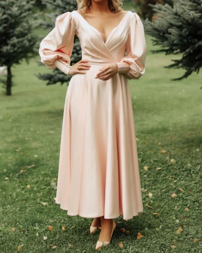 A-line V Neck Backless Long Sleeve Satin Evening Prom Dress