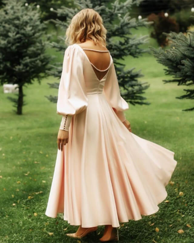 A-line V Neck Backless Long Sleeve Satin Evening Prom Dress