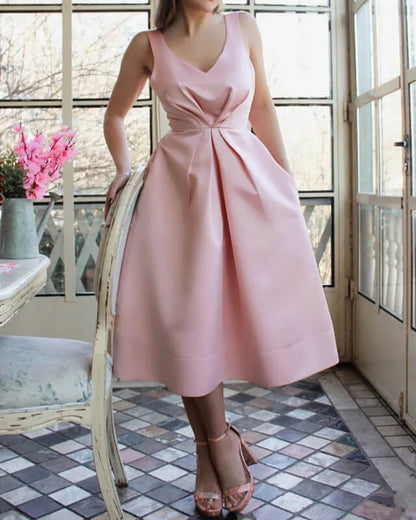 A-line V Neck Pink Satin Prom Dress With Pockets