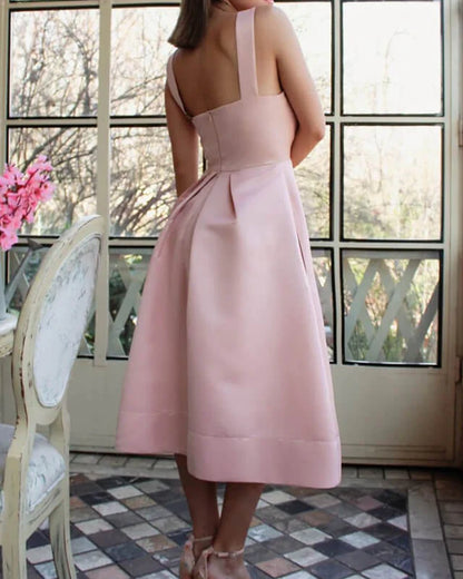 A-line V Neck Pink Satin Prom Dress With Pockets