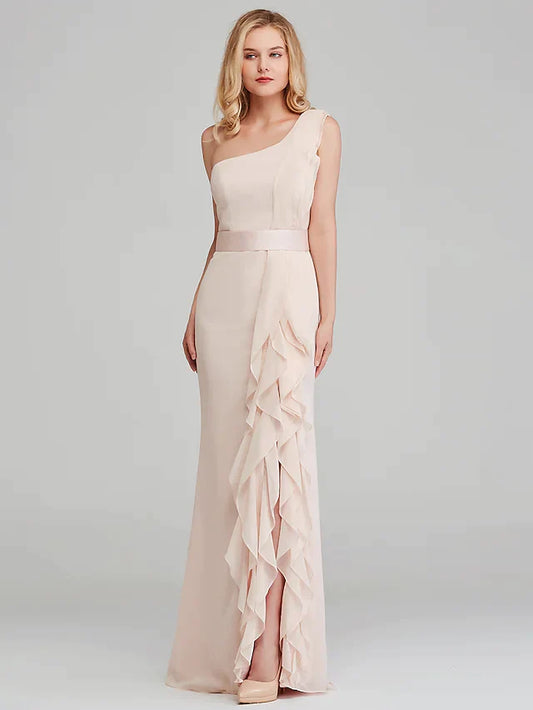 Shoulder Long Length Chiffon Bridesmaid Dress with Cascading Ruffles