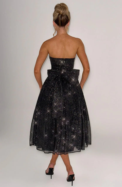 A Line Strapless Tulle Prom Dress with Bow Sparkle Cocktail Party Dress Tea Length Evening Dance Ball Gown 2025