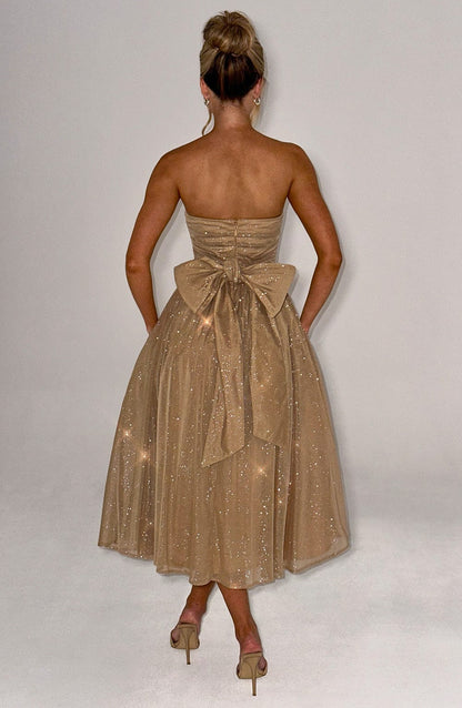 A Line Strapless Tulle Prom Dress with Bow Sparkle Cocktail Party Dress Tea Length Evening Dance Ball Gown 2025