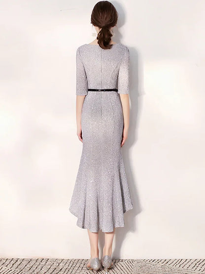Cocktail Party Dress Jewel Neck Long Sleeve Tea Length Sequined with Sash Ribbon Sequin Ruffles