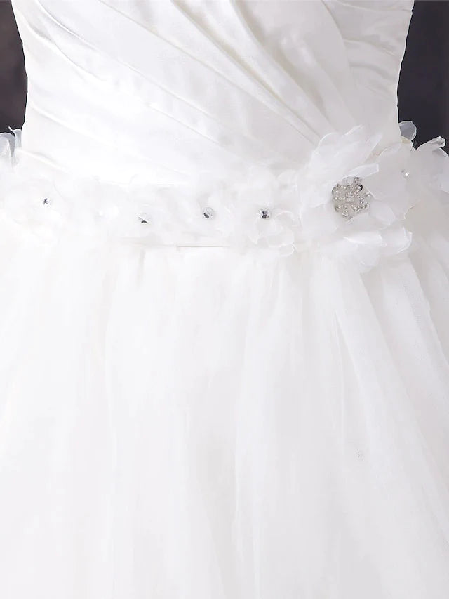 A-Line Wedding Dresses Sweetheart Neckline Court Train Organza Satin Strapless with Pick Up Skirt Ruched Beading