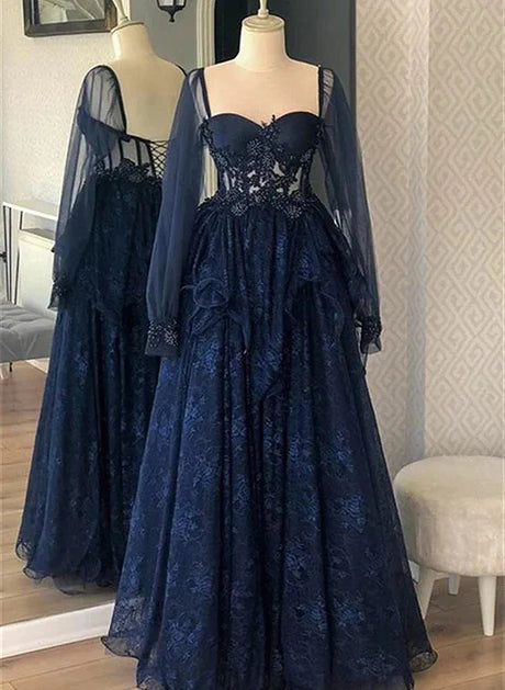 Navy Blue Tulle with Lace Long Sleeves Prom Dress