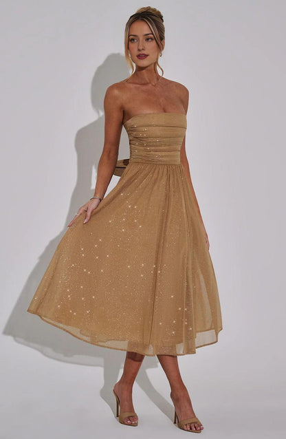 A Line Strapless Tulle Prom Dress with Bow Sparkle Cocktail Party Dress Tea Length Evening Dance Ball Gown 2025