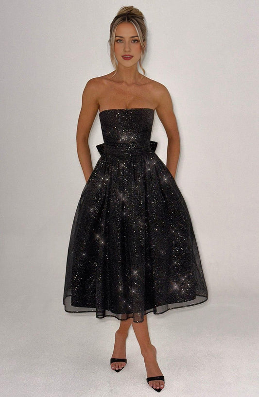 A Line Strapless Tulle Prom Dress with Bow Sparkle Cocktail Party Dress Tea Length Evening Dance Ball Gown 2025