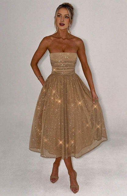 A Line Strapless Tulle Prom Dress with Bow Sparkle Cocktail Party Dress Tea Length Evening Dance Ball Gown 2025