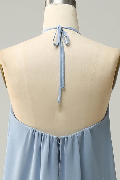 A Line Halter Neck Long Bridesmaid Dress