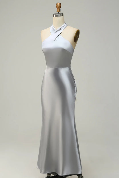 Halter Neck Satin Long Bridesmaid Dress