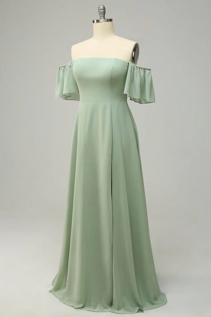 A Line Off The Shoulder Bridesmaid Dress With Ruffles