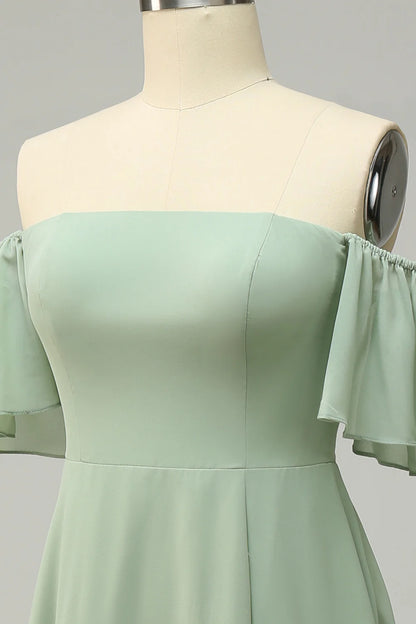 A Line Off The Shoulder Bridesmaid Dress With Ruffles