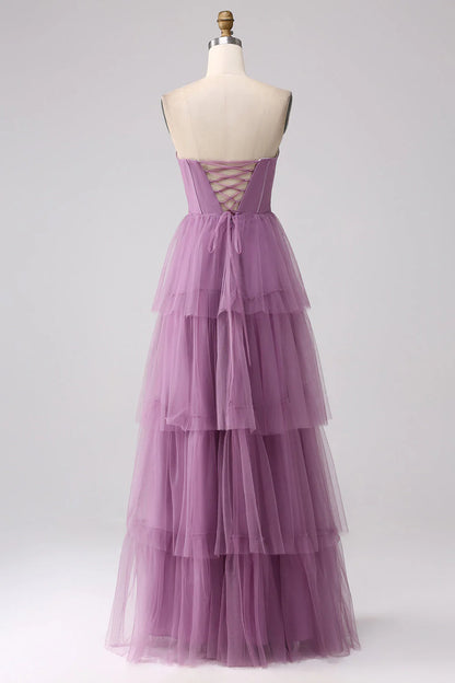 A Line Tulle Tiered Pleated Long Prom Dress With Slit