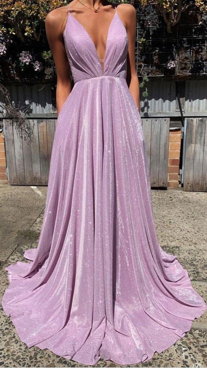 Backless Spaghetti Straps Sparkly Purple Glitter Sequin Lace Up Long Evening Gowns