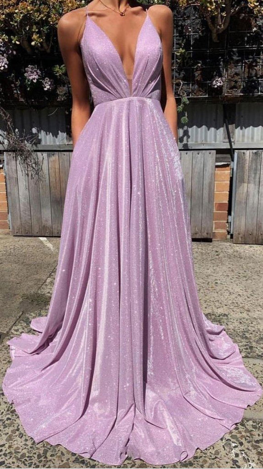 Backless Spaghetti Straps Sparkly Purple Glitter Sequin Lace Up Long Evening Gowns