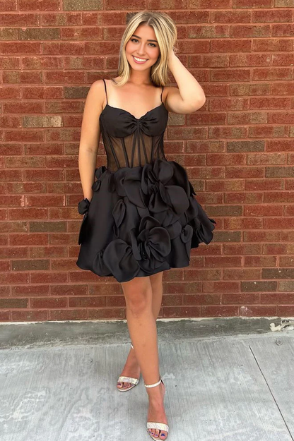 Backless Cute A-Line Spaghetti Straps Short Floral Satin Homecoming Dress
