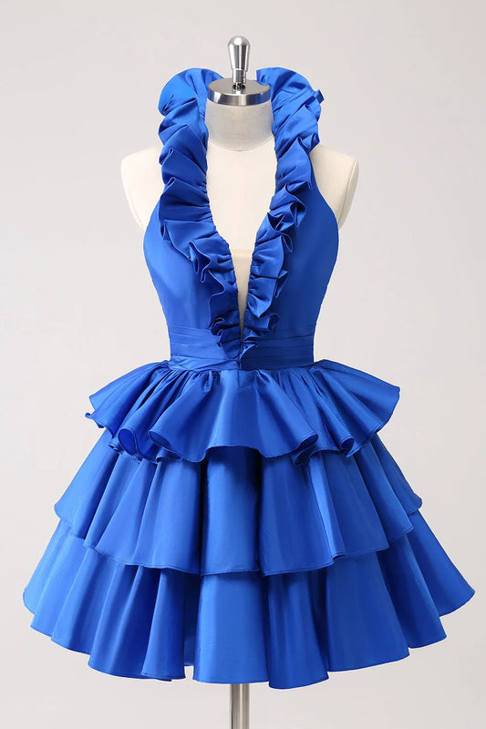 Backless Halter Deep V-neck A-Line Satin Short Homecoming Dress with Ruffles