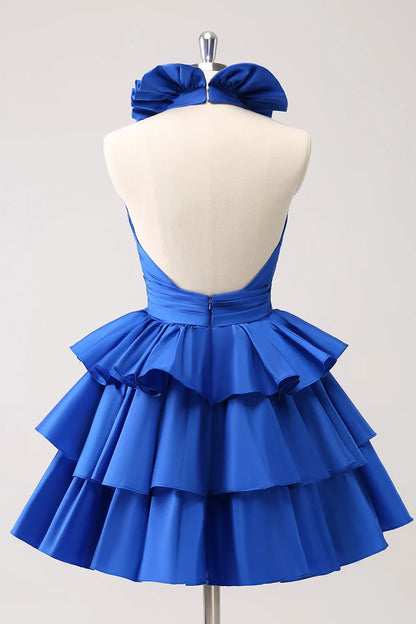 Backless Halter Deep V-neck A-Line Satin Short Homecoming Dress with Ruffles