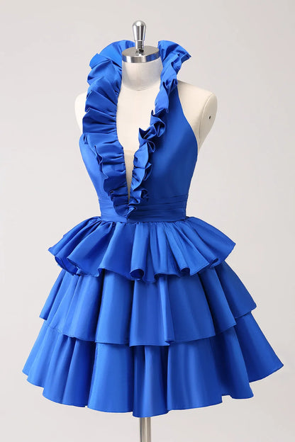 Backless Halter Deep V-neck A-Line Satin Short Homecoming Dress with Ruffles