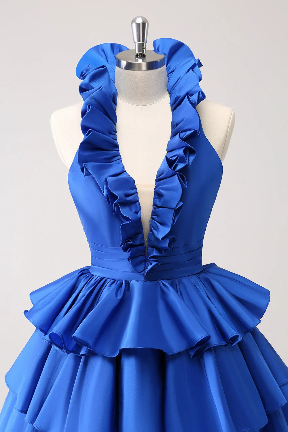 Backless Halter Deep V-neck A-Line Satin Short Homecoming Dress with Ruffles