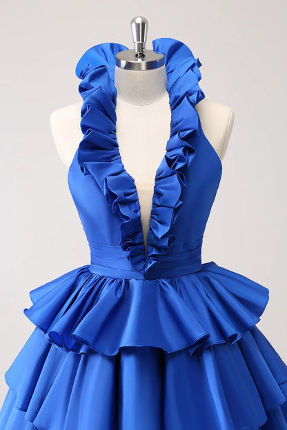 Backless Halter Deep V-neck A-Line Satin Short Homecoming Dress with Ruffles