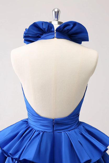 Backless Halter Deep V-neck A-Line Satin Short Homecoming Dress with Ruffles