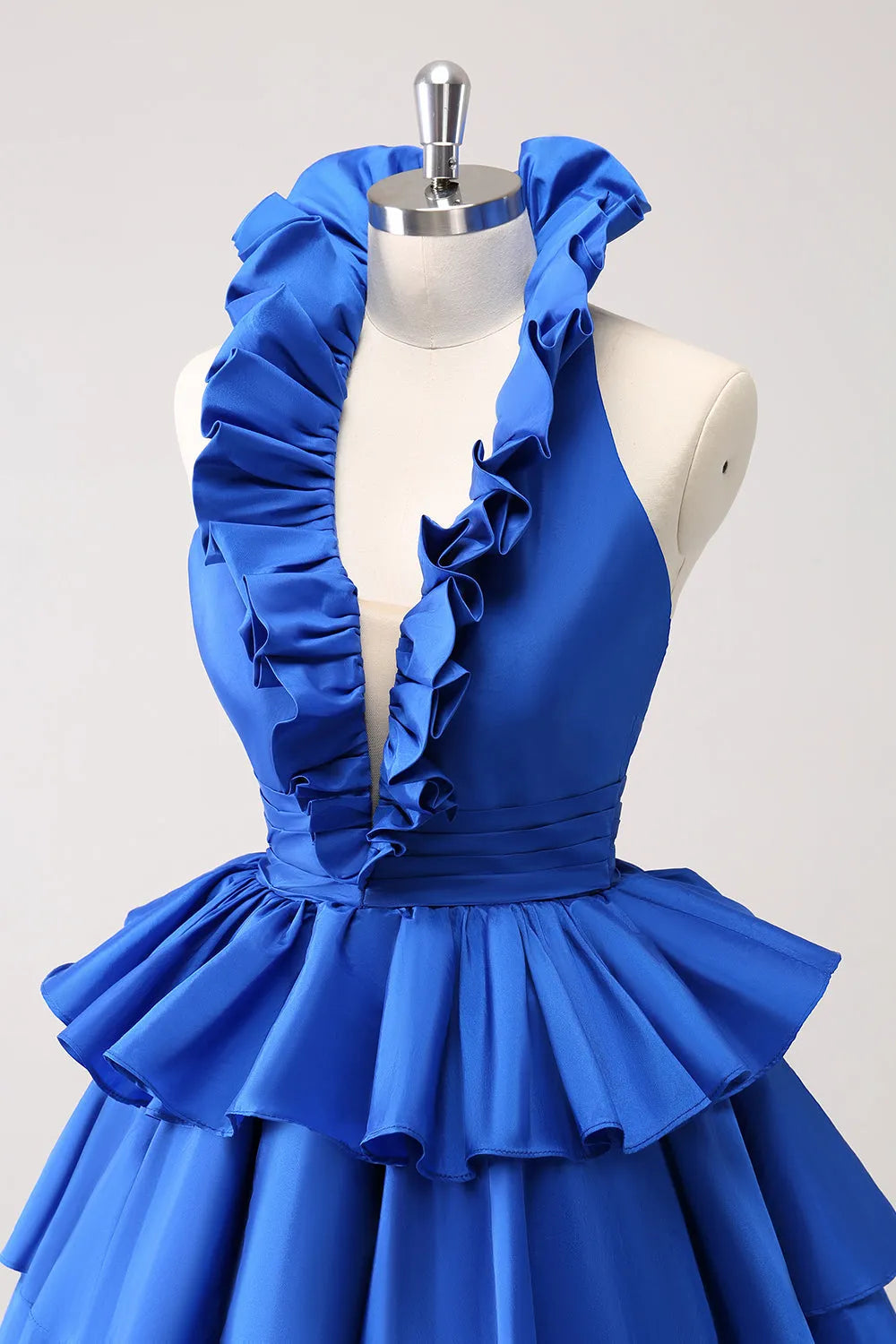 Backless Halter Deep V-neck A-Line Satin Short Homecoming Dress with Ruffles
