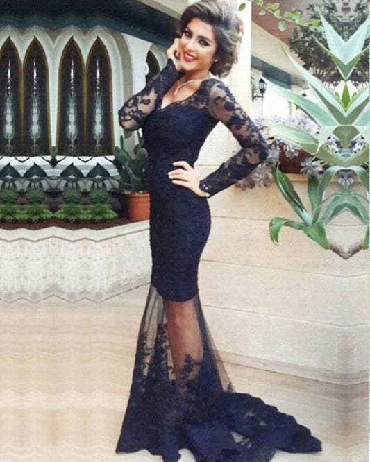 Backless Lace Mermaid V Neck Long Sleeves Prom Dresses