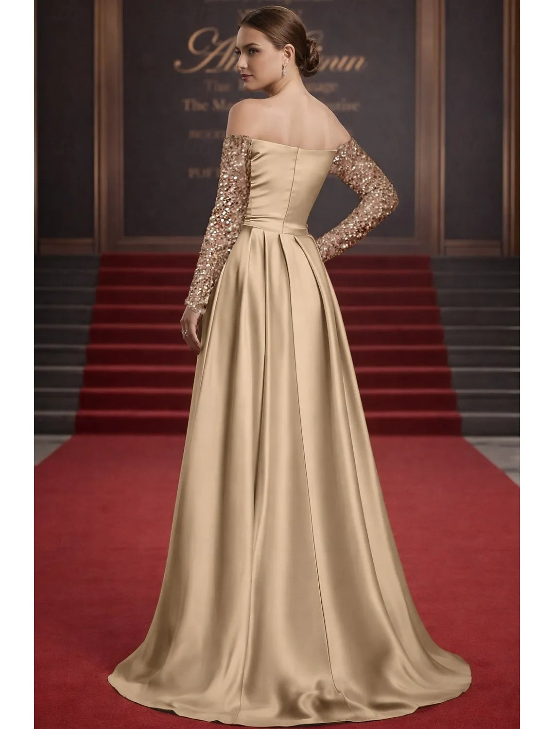 Ball Gown Off-Shoulder Long Sleeves Sequin Satin Champagne Floor Length Prom Dress