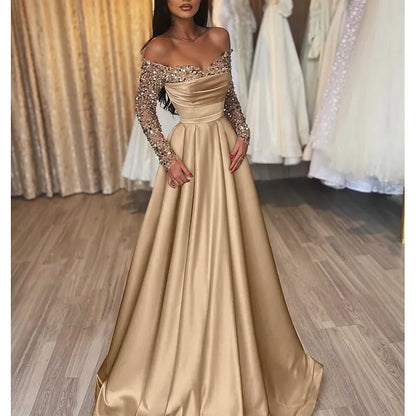 Ball Gown Off-Shoulder Long Sleeves Sequin Satin Champagne Floor Length Prom Dress