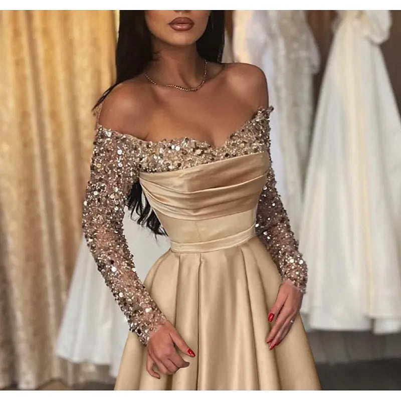 Ball Gown Off-Shoulder Long Sleeves Sequin Satin Champagne Floor Length Prom Dress
