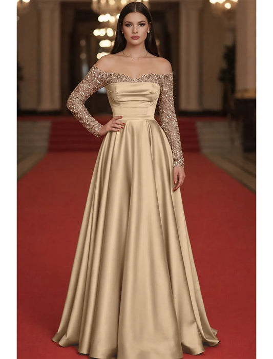 Ball Gown Off-Shoulder Long Sleeves Sequin Satin Champagne Floor Length Prom Dress