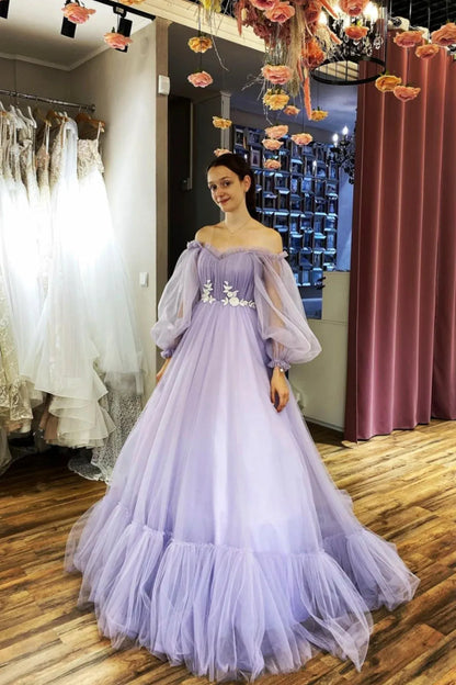 Beautiful A-Line Off the Shoulder Long Sleeve Lace Up Sweep/Brush Train Prom Dress