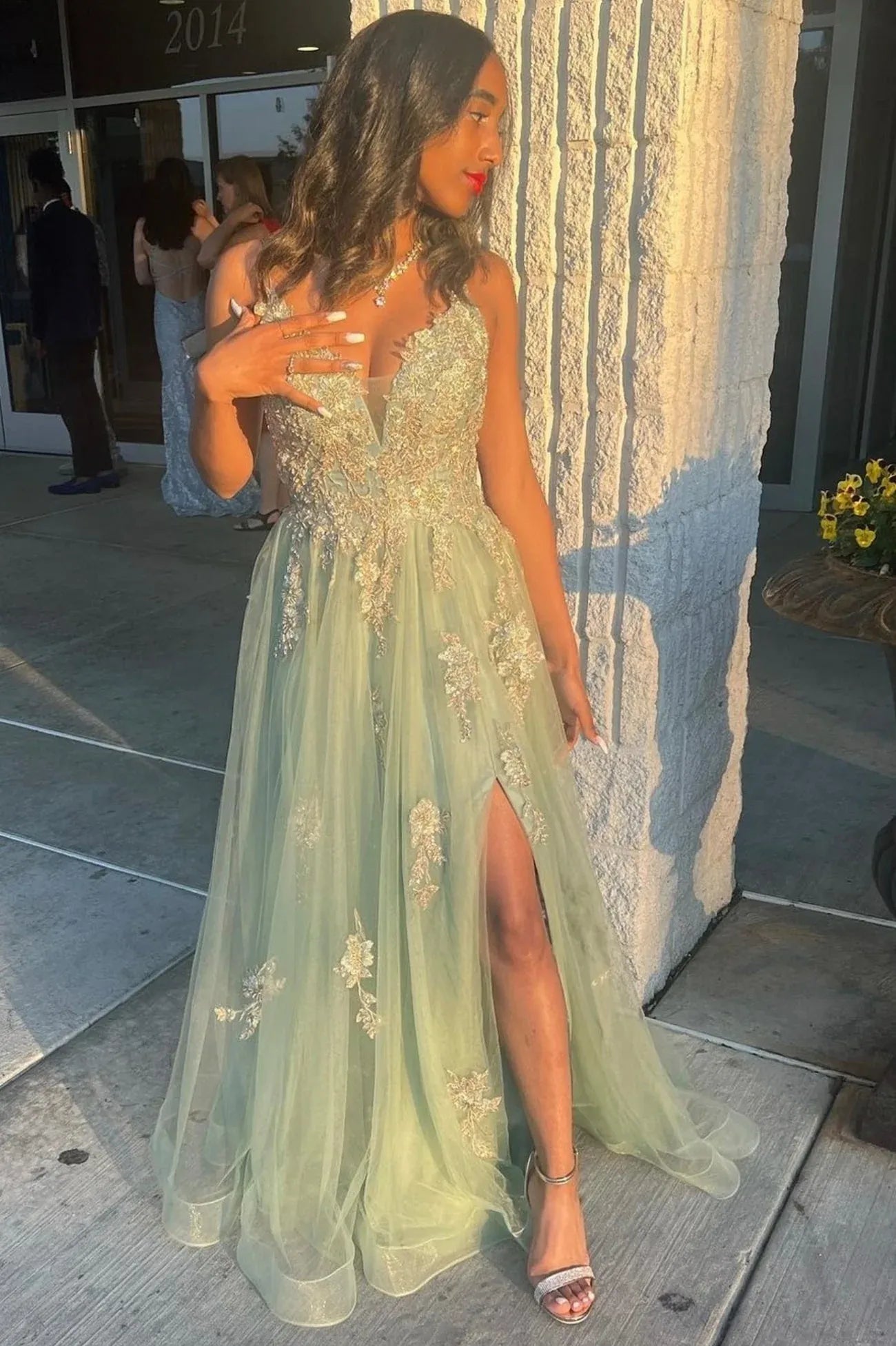 Beautiful A-Line V Neck Sleeveless Backless Floor-Length Prom Dress