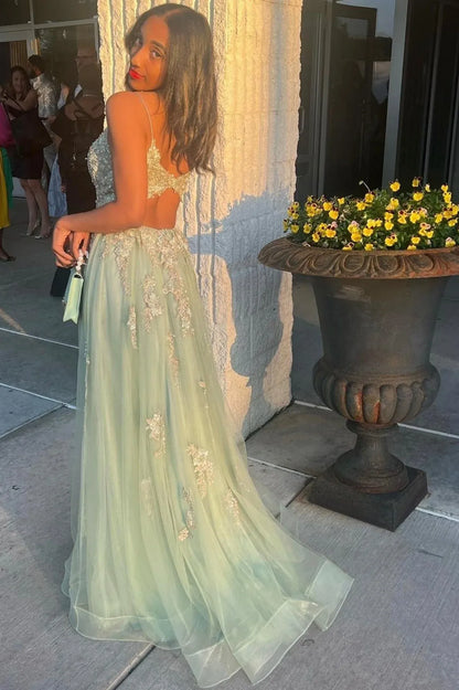 Beautiful A-Line V Neck Sleeveless Backless Floor-Length Prom Dress