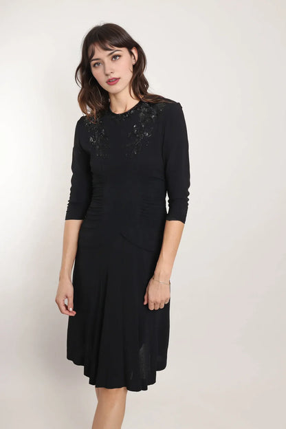 Black Sequined Dress Black Ruched Waist Dress Attached Belt Dress Cocktail Party Dress Prom Dress