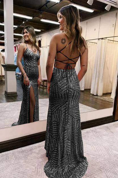 Sequins V-Neck Spaghetti Straps Prom Dress