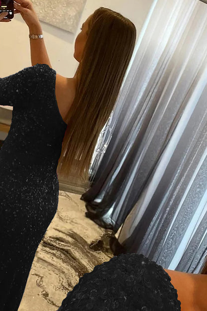 Mermaid Glitter One-Shoulder Single Sleeve Prom Dress With Sequins