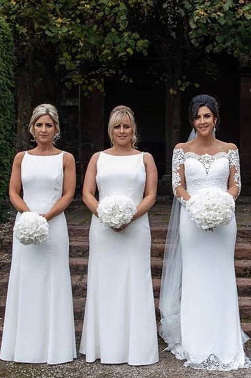 Boat Neck Sleeveless White Bridesmaid Dress with Open Back/Dress Plus Size Formal