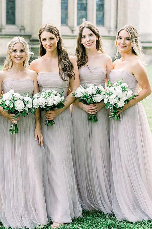 Bohemian Strapless Ruched Light Grey Bridesmaid Dress with Ribbon/Formal Wear Dresses