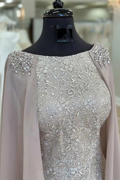 Lace Round Neck Long Formal Dress with Cape Sleeves