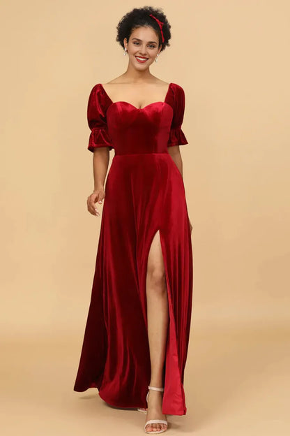 Xuewuba Formal Wear Dresses Red Velvet Half Sleeves Bridesmaid Dress With Slit Prom Dresses Stores
