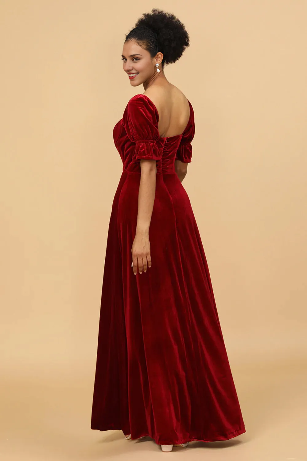 Xuewuba Formal Wear Dresses Red Velvet Half Sleeves Bridesmaid Dress With Slit Prom Dresses Stores