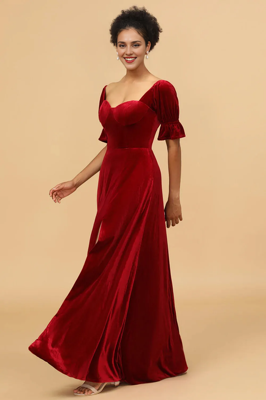 Xuewuba Formal Wear Dresses Red Velvet Half Sleeves Bridesmaid Dress With Slit Prom Dresses Stores
