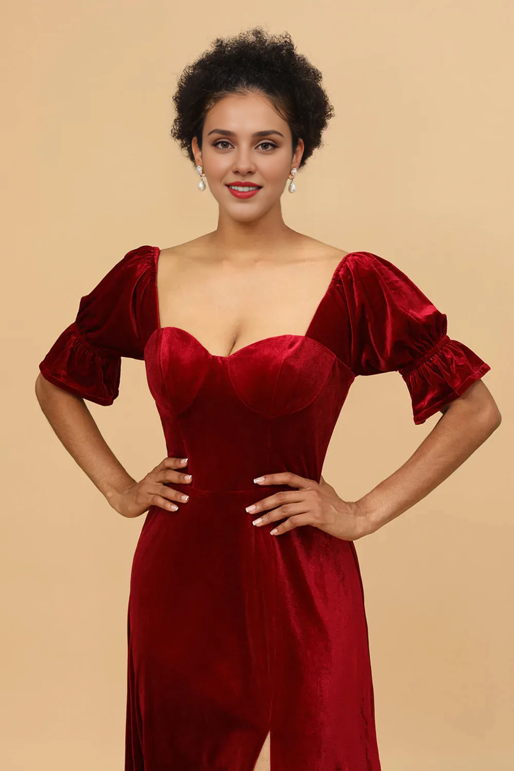 Xuewuba Formal Wear Dresses Red Velvet Half Sleeves Bridesmaid Dress With Slit Prom Dresses Stores