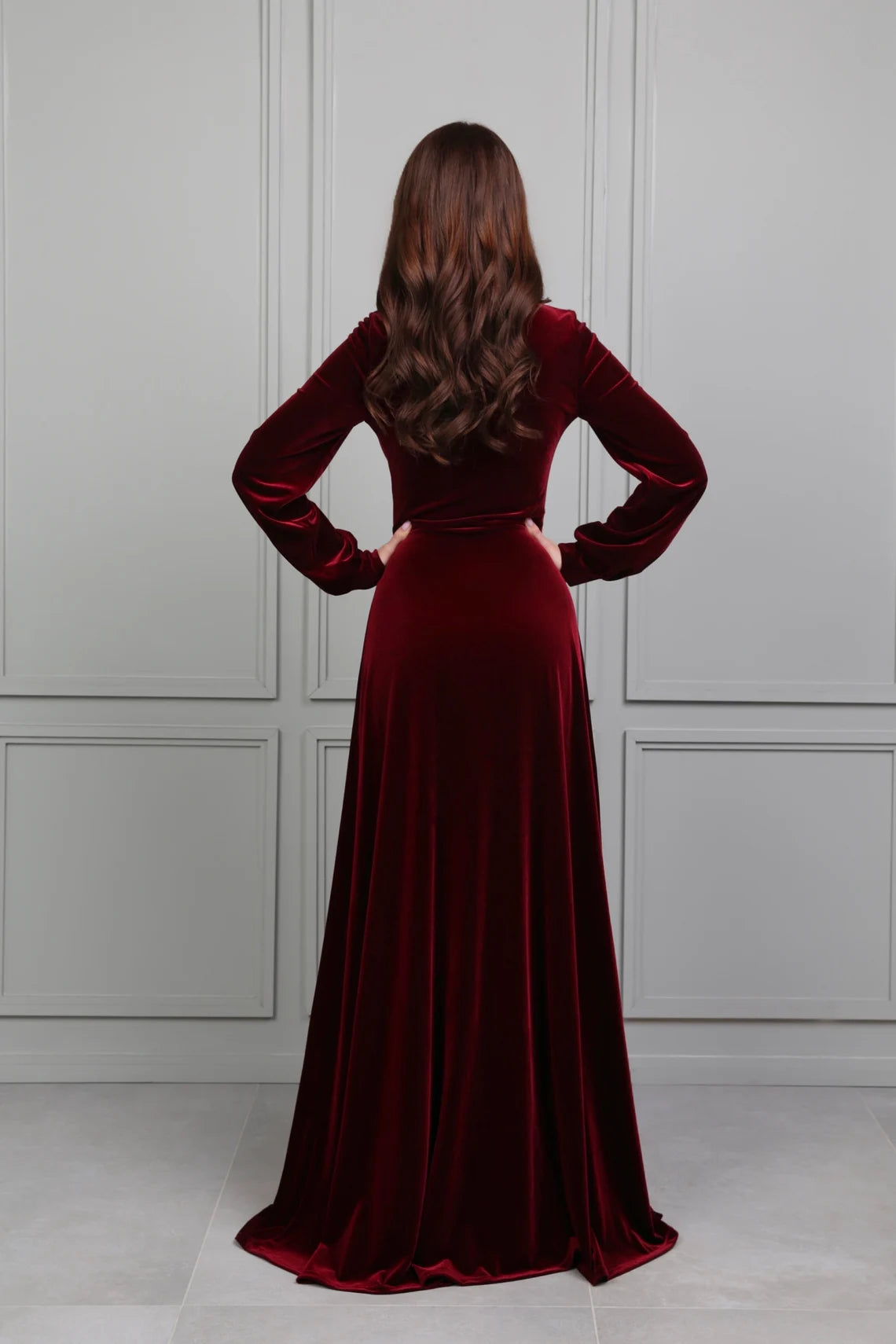 Bridesmaid Velvet Dress Dark Burgundy Dress Modest Dress Evening Dress Long Sleeves Reception Dress Gown Dress Elegant Dress Formal Dress Prom Dress