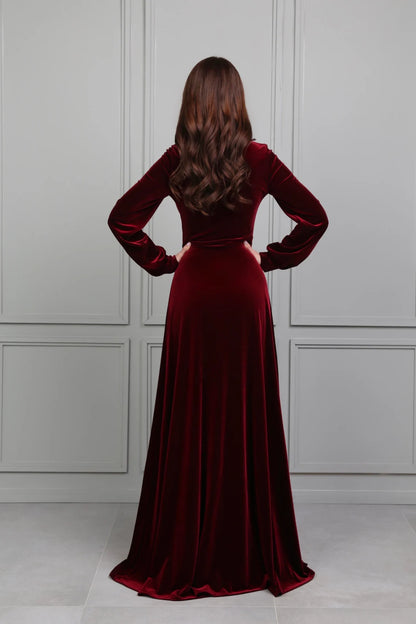 Bridesmaid Velvet Dress Dark Burgundy Dress Modest Dress Evening Dress Long Sleeves Reception Dress Gown Dress Elegant Dress Formal Dress Prom Dress