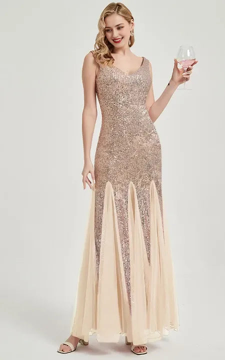 Burgundy Sequin Sheath Pleated Sleeveless Party Floor-length Round V Neck Prom Dress/Dress For Formal